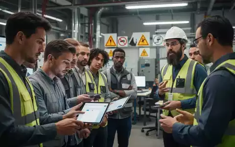 Eine Gruppe von Mitarbeitern nimmt an einer Schulung zum Arbeitsschutz teil, einige blicken auf einen Tablet-Bildschirm, andere auf einen Präsentator. - Foto: über boerse-global.de