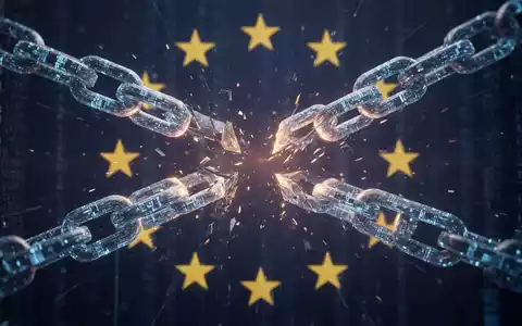 Abstrakte Darstellung der digitalen Souveränität mit leuchtenden, brechenden Ketten und EU-Sternen im Hintergrund. - Foto: über boerse-global.de