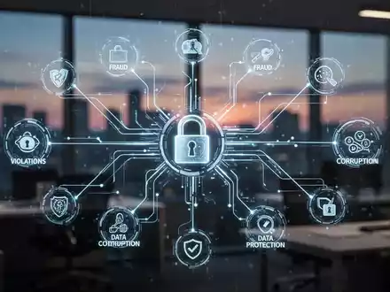 Abstrakte Darstellung sicherer Kommunikationskanäle, die verschiedene digitale Symbole von Verstößen mit einem zentralen Schloss-Symbol verbinden. - Foto: über boerse-global.de