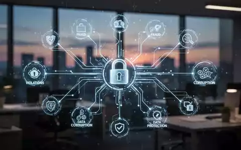 Abstrakte Darstellung sicherer Kommunikationskanäle, die verschiedene digitale Symbole von Verstößen mit einem zentralen Schloss-Symbol verbinden. - Foto: über boerse-global.de