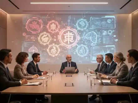 Eine futuristische Konferenzszene mit einer holografischen Projektion, die TCM-Symbole und Hightech-Medizin verschmelzen lässt. - Foto: über boerse-global.de