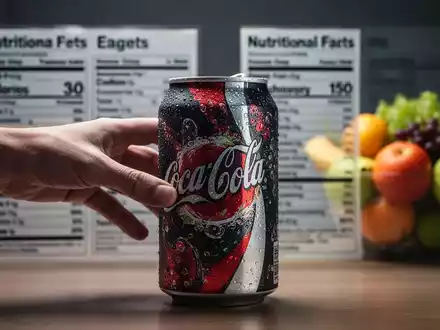 Eine Hand greift nach einer zuckerhaltigen Limonadendose, im Hintergrund verschwommen gesunde Lebensmittel und Nährwertetiketten. - Foto: über boerse-global.de