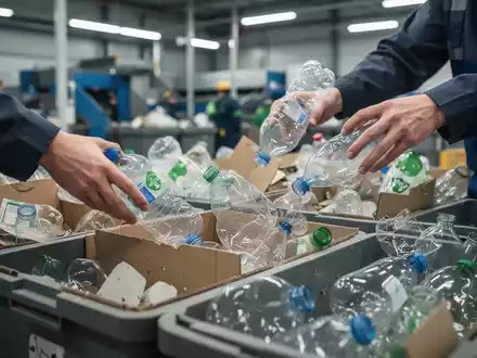 Hände sortieren verschiedene Wertstoffe wie Plastikflaschen und Karton in separate Behälter, um Abfall zu reduzieren und eine Kreislaufwirtschaft zu fördern. - Foto: über boerse-global.de