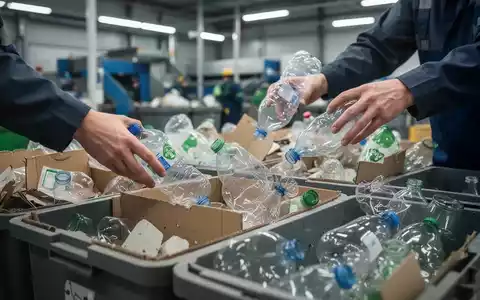 Hände sortieren verschiedene Wertstoffe wie Plastikflaschen und Karton in separate Behälter, um Abfall zu reduzieren und eine Kreislaufwirtschaft zu fördern. - Foto: über boerse-global.de
