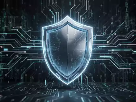 A glowing, futuristic shield icon representing digital defense, surrounded by abstract data streams and circuit board patterns. - Foto: über boerse-global.de