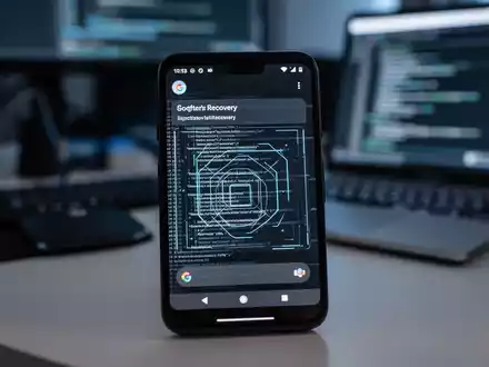 A Google Pixel smartphone screen displays a software recovery interface with code, on a blurred desk with a laptop. - Foto: über boerse-global.de