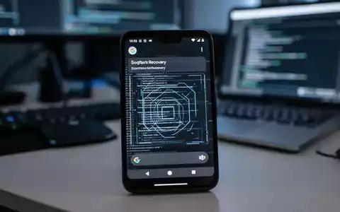 A Google Pixel smartphone screen displays a software recovery interface with code, on a blurred desk with a laptop. - Foto: über boerse-global.de