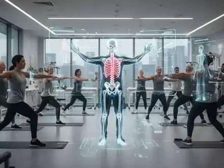 Menschen trainieren in einem modernen Physiotherapiezentrum, unterstützt von einer digitalen Anzeige, die Bewegungen in Echtzeit analysiert. - Foto: über boerse-global.de