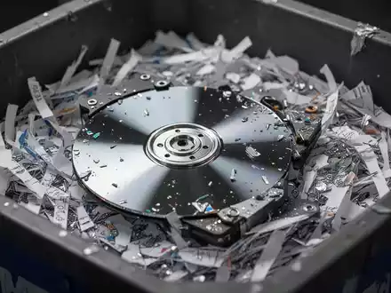 Nahaufnahme von geschreddertem Papier und Fragmenten einer Festplatte in einem Sicherheitsbehälter, die Datensicherheit symbolisiert. - Foto: über boerse-global.de