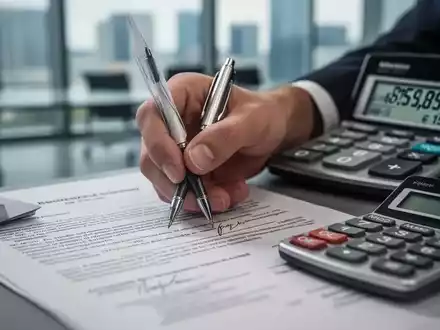 Eine Hand unterschreibt ein wichtiges Dokument, während im Hintergrund ein Taschenrechner hohe Einsparungen anzeigt. - Foto: über boerse-global.de