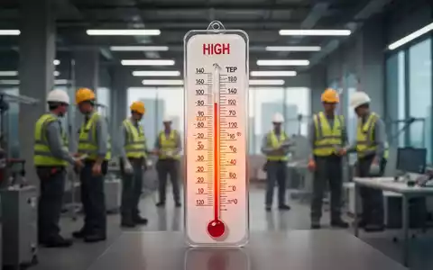 Ein Thermometer zeigt hohe Temperaturen an, im Hintergrund verschwommen arbeitende Menschen in einer modernen Industrieumgebung. - Foto: über boerse-global.de