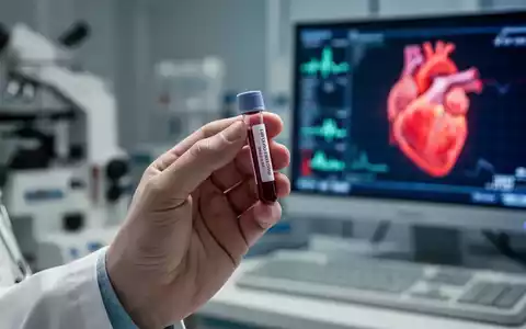 Nahaufnahme der Hand eines Arztes, die ein Blutprobenröhrchen hält, mit verschwommenem Hintergrund aus medizinischer Ausrüstung und Herzdiagramm. - Foto: über boerse-global.de