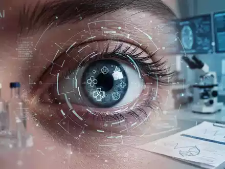 Ein menschliches Auge mit futuristischen digitalen Überlagerungen, die KI-Analyse und genetische Daten symbolisieren. Im Hintergrund verschwommene Laborgeräte. - Foto: über boerse-global.de