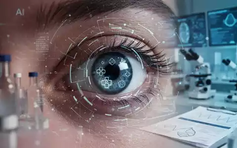 Ein menschliches Auge mit futuristischen digitalen Überlagerungen, die KI-Analyse und genetische Daten symbolisieren. Im Hintergrund verschwommene Laborgeräte. - Foto: über boerse-global.de