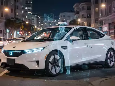 A white Waymo robotaxi on a San Francisco street at night, with blurred city lights and a subtle digital overlay suggesting privacy concerns. - Foto: über boerse-global.de