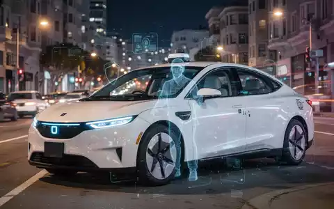A white Waymo robotaxi on a San Francisco street at night, with blurred city lights and a subtle digital overlay suggesting privacy concerns. - Foto: über boerse-global.de