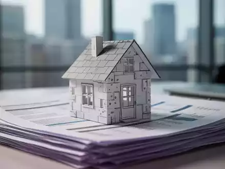 Ein kleines Miniaturhaus aus Bauklötzen steht auf einem Stapel juristischer Dokumente, im Hintergrund eine verschwommene Stadtansicht. - Foto: über boerse-global.de