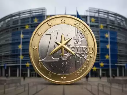Ein Euro-Münze mit Flugzeugsymbol, über dem unscharfen Hintergrund des Europäischen Parlaments in Brüssel schwebend. - Foto: über boerse-global.de