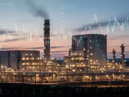 Eine moderne Kraftwerksanlage bei Sonnenuntergang mit leuchtenden Lichtern und komplexer Industrieinfrastruktur. - Foto: über boerse-global.de