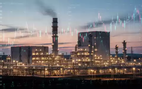 Eine moderne Kraftwerksanlage bei Sonnenuntergang mit leuchtenden Lichtern und komplexer Industrieinfrastruktur. - Foto: über boerse-global.de