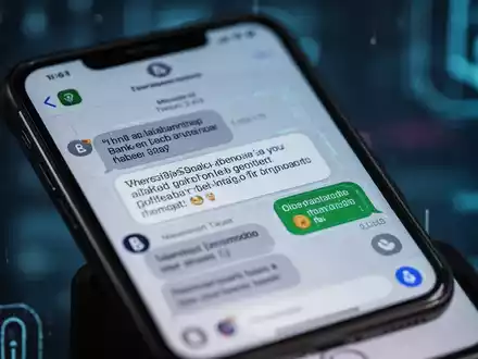 A smartphone screen showing a text message conversation with a suspicious message from an unknown sender appearing as a bank. - Foto: über boerse-global.de