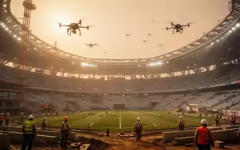 Arbeiter in Schutzkleidung bauen ein riesiges, sonnenüberfluttes Fußballstadion. Drohnen fliegen über den orangefarbenen Himmel. - Foto: über boerse-global.de