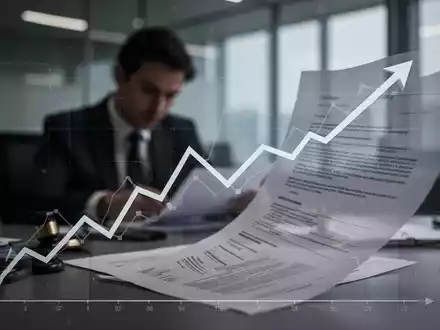 Ein unscharfer Bürohintergrund mit einer Person, die auf Dokumente blickt, und einem Diagramm mit Abwärtstrend im Vordergrund. - Foto: über boerse-global.de
