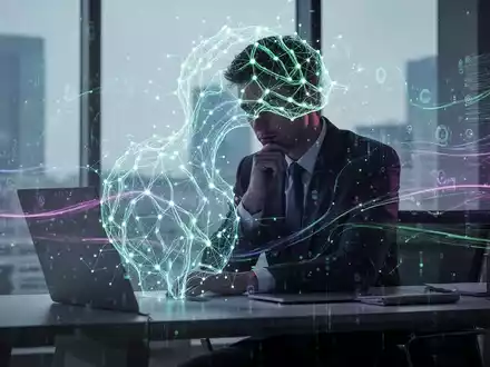 Eine Silhouette eines Geschäftsleute, die an einem Schreibtisch sitzt, mit einem leuchtenden neuronalen Netzwerk und Datenströmen, die KI und Produktivität symbolisieren. - Foto: über boerse-global.de