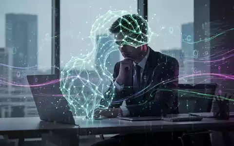 Eine Silhouette eines Geschäftsleute, die an einem Schreibtisch sitzt, mit einem leuchtenden neuronalen Netzwerk und Datenströmen, die KI und Produktivität symbolisieren. - Foto: über boerse-global.de