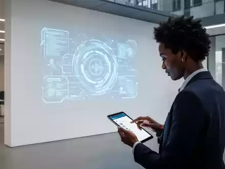 Eine Person interagiert mit einem Tablet in einem modernen Büro, auf dessen Wand ein blau leuchtendes digitales Interface projiziert wird. - Foto: über boerse-global.de