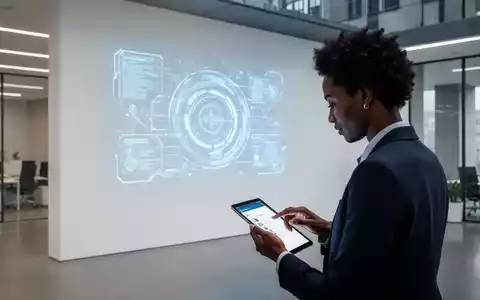 Eine Person interagiert mit einem Tablet in einem modernen Büro, auf dessen Wand ein blau leuchtendes digitales Interface projiziert wird. - Foto: über boerse-global.de
