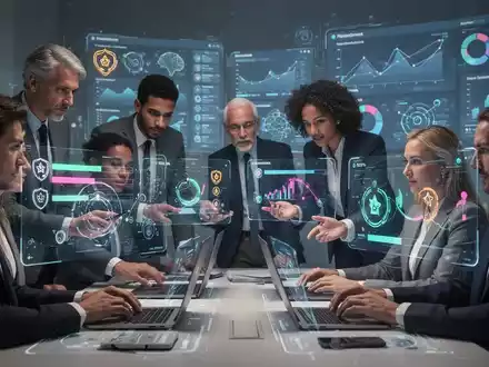 Geschäftsleute interagieren mit digitalen Lernplattformen, die Gamification und KI-Elemente zeigen. - Foto: über boerse-global.de