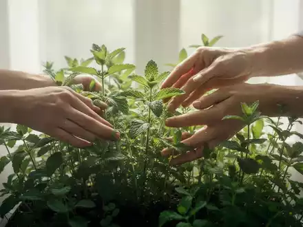 Eine Nahaufnahme von Händen, die eine junge, grüne Pflanze in sanftem, natürlichem Licht pflegen, um Ruhe und Heilung darzustellen. - Foto: über boerse-global.de