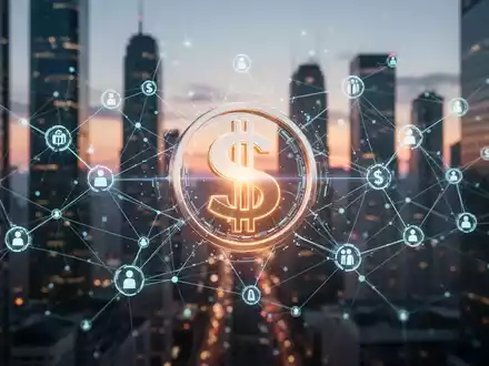 A glowing digital currency symbol intertwined with a network of blockchain nodes, set against a blurred background of a modern financial district. - Foto: über boerse-global.de