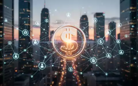 A glowing digital currency symbol intertwined with a network of blockchain nodes, set against a blurred background of a modern financial district. - Foto: über boerse-global.de