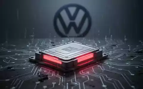 Nahaufnahme einer Batteriezelle mit rotem Leuchten, umgeben von Schaltkreisen, im Hintergrund verschwommenes VW-Logo. - Foto: über boerse-global.de