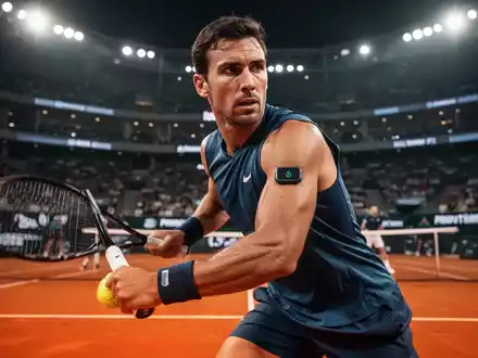 Ein Tennisspieler auf einem Sandplatz mit einem Glukosemessgerät am Arm während eines Spiels, das Diabetes-Management symbolisiert. - Foto: über boerse-global.de
