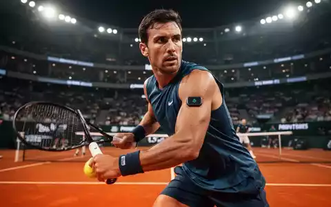 Ein Tennisspieler auf einem Sandplatz mit einem Glukosemessgerät am Arm während eines Spiels, das Diabetes-Management symbolisiert. - Foto: über boerse-global.de