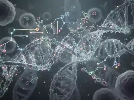 Abstrakte Darstellung von RNA-Molekülen und DNA-Helices, die zelluläre Prozesse und genetische Regulation symbolisieren. - Foto: über boerse-global.de