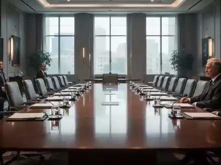 Ein langer Konferenztisch in einem eleganten Regierungsgebäude, mit Stühlen, die auf ein Spitzentreffen von Koalition, Wirtschaft und Gewerkschaften warten. - Foto: über boerse-global.de