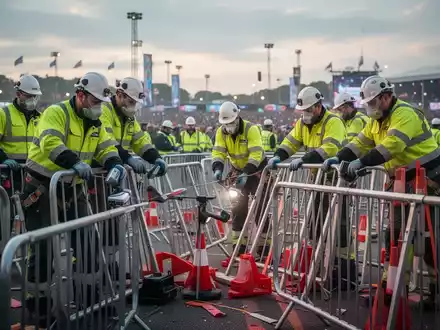 Mitarbeiter in Schutzkleidung und Warnwesten installieren Sicherheitsbarrieren bei einer Großveranstaltung im Freien, im Hintergrund ein Festivalgelände. - Foto: über boerse-global.de