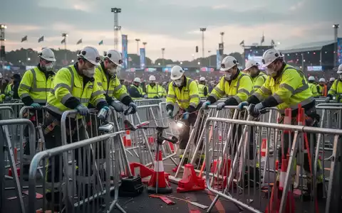Mitarbeiter in Schutzkleidung und Warnwesten installieren Sicherheitsbarrieren bei einer Großveranstaltung im Freien, im Hintergrund ein Festivalgelände. - Foto: über boerse-global.de