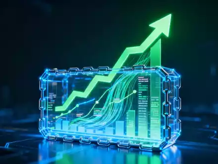 Eine stilisierte digitale Darstellung von Finanzwachstum, aufsteigenden Diagrammen und Daten in einem Blockchain-Netzwerk. - Foto: über boerse-global.de