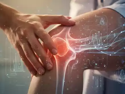 Eine menschliche Hand berührt sanft ein Knie, mit subtilen digitalen Überlagerungen, die medizinische Innovationen darstellen. - Foto: über boerse-global.de
