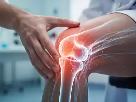 Nahaufnahme einer Hand, die ein Knie berührt, mit subtilen leuchtenden Linien, die Nährstofffluss und Gelenkgesundheit symbolisieren. - Foto: über boerse-global.de
