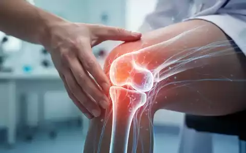 Nahaufnahme einer Hand, die ein Knie berührt, mit subtilen leuchtenden Linien, die Nährstofffluss und Gelenkgesundheit symbolisieren. - Foto: über boerse-global.de