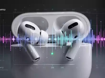 Close-up of Apple AirPods Pro 2 earbuds with a transparent overlay of a digital audio equalizer showing adjustable frequency bands. - Foto: über boerse-global.de