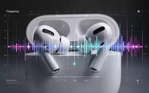 Close-up of Apple AirPods Pro 2 earbuds with a transparent overlay of a digital audio equalizer showing adjustable frequency bands. - Foto: über boerse-global.de