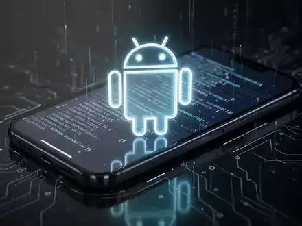 A glowing Android robot icon superimposed over a futuristic smartphone screen displaying code, surrounded by digital lines. - Foto: über boerse-global.de