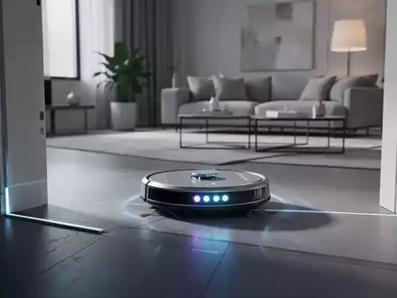 Ein moderner Saugroboter überwindet eine hohe Schwelle in einem stilvollen Wohnzimmer, symbolisierend technologischen Fortschritt in der Haushaltspflege. - Foto: über boerse-global.de